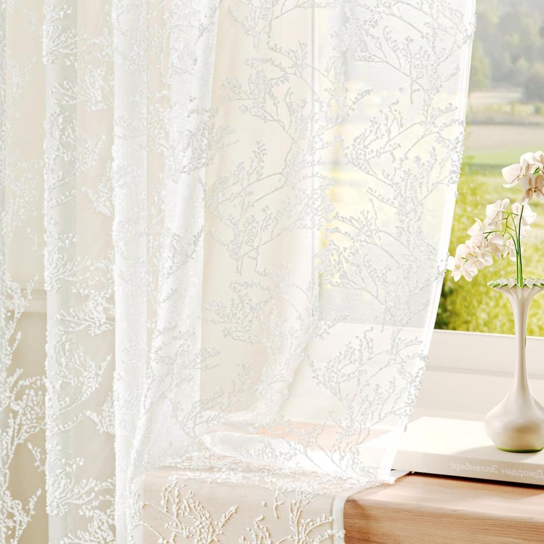 Anmao 3D Textured Floral & Leaves Pattern Semi-Sheer Lace Curtains 84 Inches Long 2 Panels Set- Rod Pocket Light Filtering Drapes with Privacy for Living Room & Bedroom, (52" W x 84" L), Cream