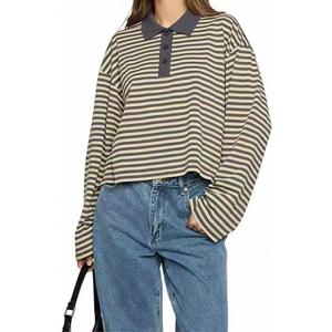 Women Long Sleeve Striped Shirt Polo Neck Drop Shoulder Loose Sweatshirt Pullover Sweater Top Streetwear Fall Winter (Large, Dark Blue)