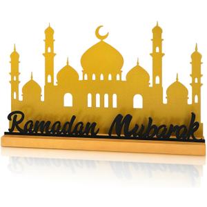 Ramadan Decorations for Home Ramadan Mubarak Metal Table Centerpiece Eid Table Sign Muslim Golden Palace Mosque Tabletop Indoor Islamic Party Gift Tiered Tray Office Desk Shelf Mantel Black Letters (Large)
