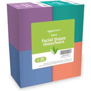 Amazon Basics Facial Tissues with Lotion, 2-Ply, 300 Count (4 Boxes, 75 Tissues per Box)