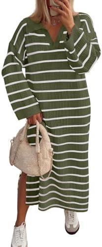 MEROKEETY Women's 2024 Long Sleeve Striped Sweater Dress V Neck Collared Slit Casual Knit Maxi Dresses, Size Small