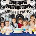 10th Birthday Decorations Balloons Boys - 28 Pcs Black Glitter Bruh I'M 10 Banner Garland Sash Foil Fringe Curtain Star Heart Number Balloons Decor For Teen 10 Year Old Bday Party Supplies