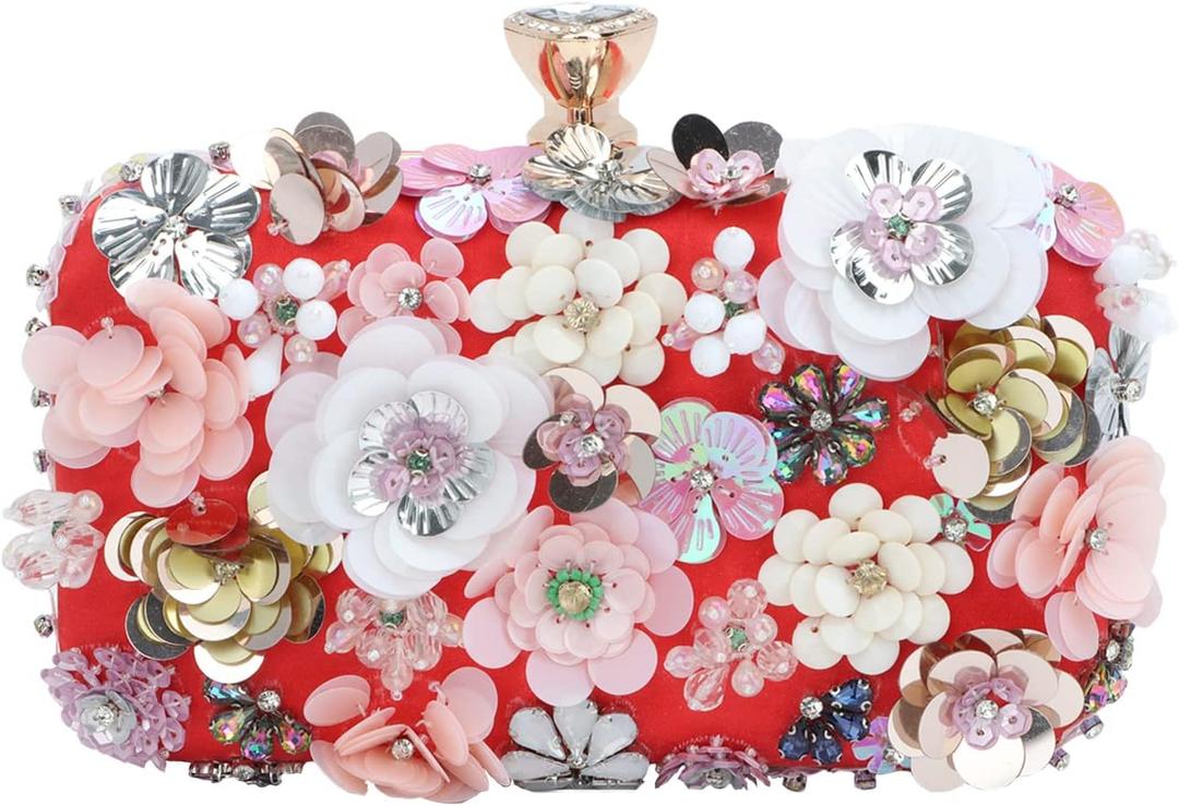 Lanpet Women Clutches Flower Evening Handbag Chain Strap Shoulder Bag (Red)