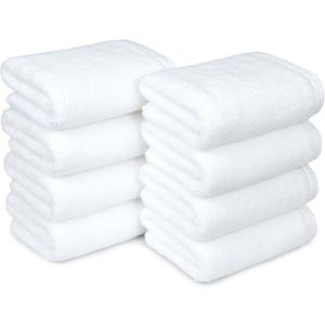 Amazon Basics 100% Cotton Soft, Quick-Dry Absorbent Hand Towels, 8-Pack, White, 28" x 16"