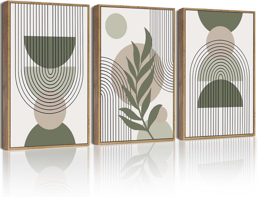 Drsoum 11x14in Boho Wall Art Green Sage Decor Framed Wood Modern Bohemian Abstract Geometry Canvas Prints Ready to Hang