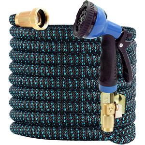 J&B XpandaHose 100ft Expandable Garden Hose with Holder - Heavy Duty Superior Strength 3750D - 4 -Layer Latex Core - Extra Strong Brass Connectors and 10 Spray Nozzle w/Storage Bag (Blue 100) (Blue/Black)
