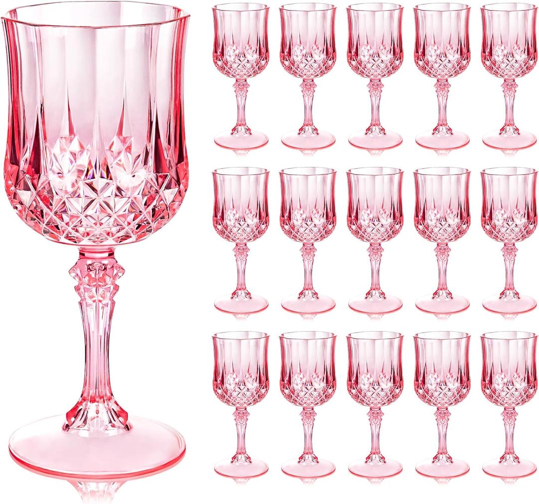 Ciaell 24PCS Pink Plastic Wine Glasses - 7 Oz Plastic Goblets for Party - Pink Vintage Drinking Glasses - Disposable Water Goblets Set for Wedding, Bar, Wine, Beer, Juice, Cocktail, Whiskey