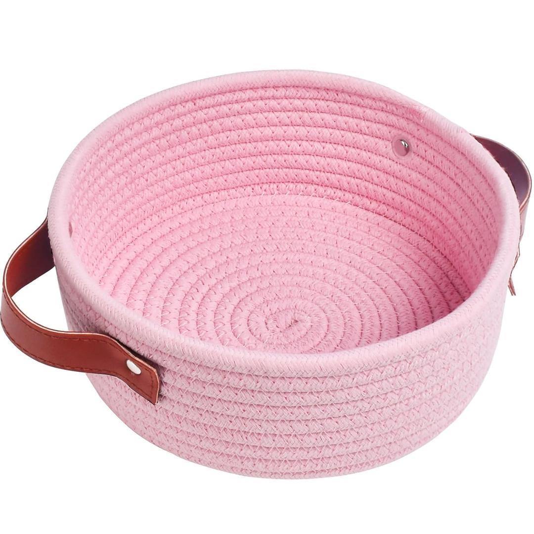 ABenkle Small Storage Basket, Mini Cotton Rope Storage Bin, Cute Tiny Shelf Baskets, Boho Decorative Toy Organizer for Nursery, Spa, Empty Gift Basket - XS, Pink