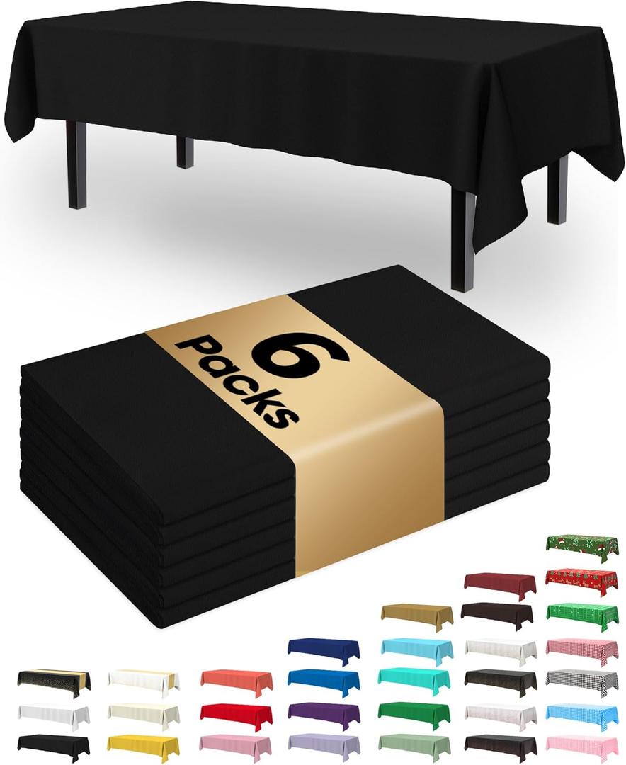 2 x Pureegg Plastic Table Cloth Disposable 6 Pack, 54 x 108 Inch Table Cloths, Halloween Party Decorations, Summerween Decor, Halloween Tablecloths, Rectangle, Plastic Cover, Waterproof, Black