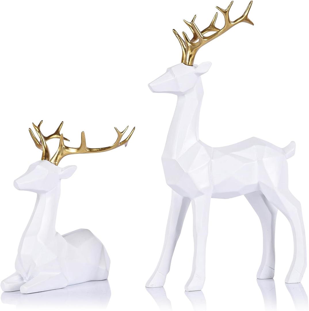 LCCCK 2PCS Christmas Reindeer Figurines, Resin Small Deer Statue for Christmas Indoor Decor, Home Holiday Centerpiece, Shelf Mantle Table Top Kitchen Decorations, Navidad Decoracin
