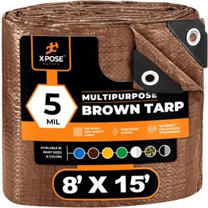 Multipurpose Protective Cover Brown Poly Tarp 8' x 15' - Durable, Water Resistant, Weather Resistant - 5 Mil Thick Polyethylene - by Xpose Safety