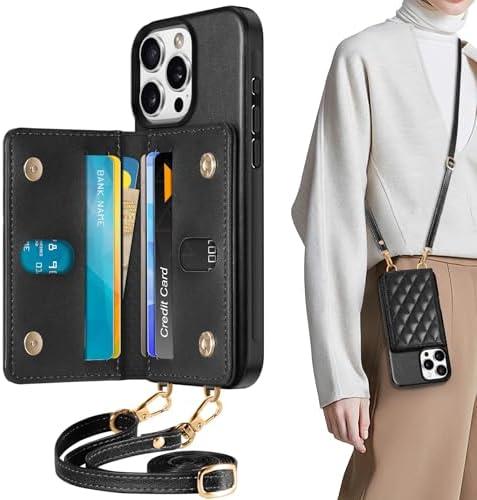 TUCCH Case for iPhone 16 Pro (6.3") with Adjustable Strap, Magnetic Closure Folio Wallet with RFID Blocking [6 Card Holders] [Removable Crossbody Lanyard], Shockproof PU Leather Cover, Argyle Black