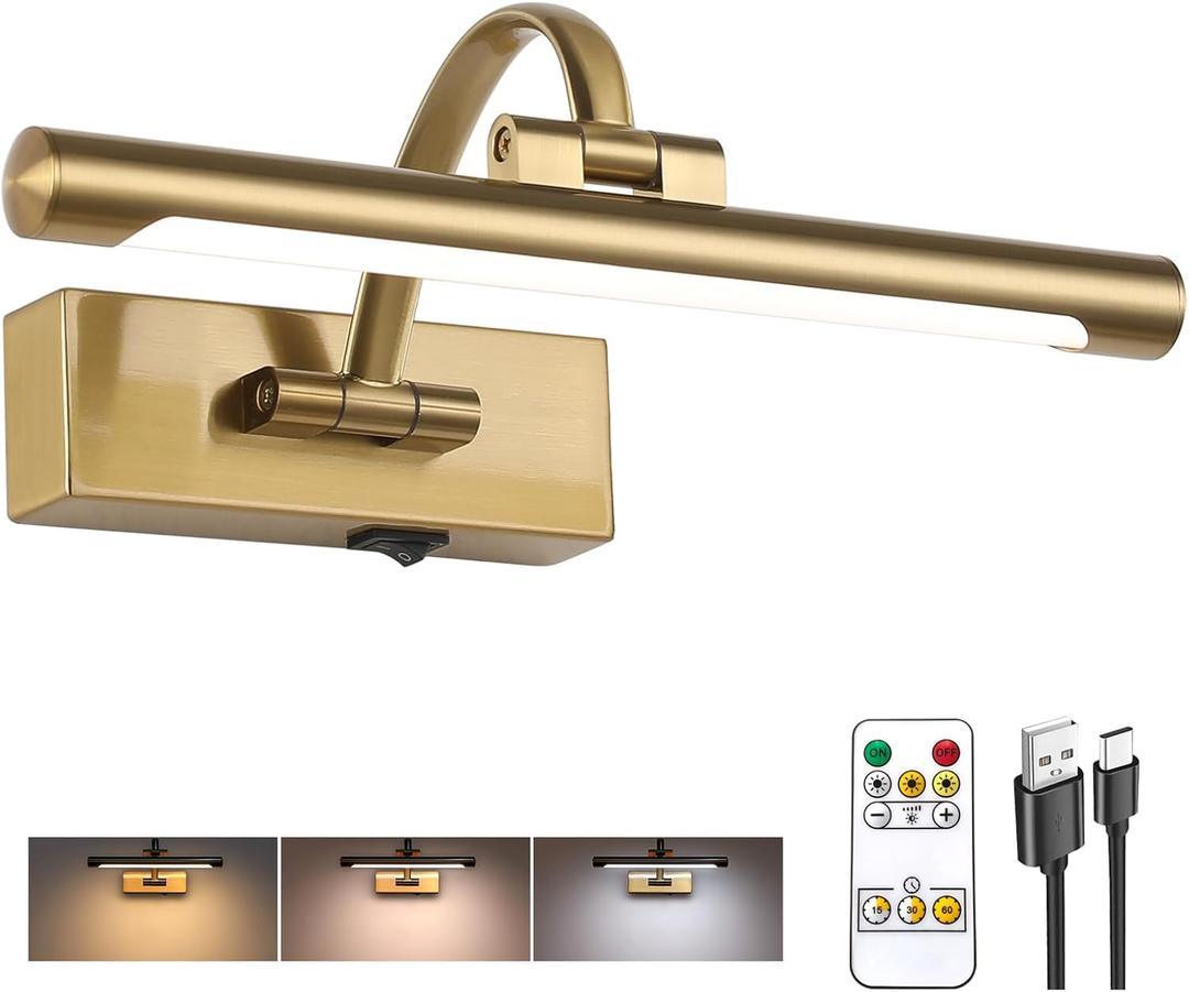 Tassuowell Rechargeable Picture Light with Remote Control,12 Inch Brass Finish Adjustable Wireless Art Lighting Fixture, Painting Lights with Timer,3 Color Temperature and Dimmable