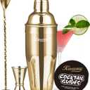KITESSENSU Cocktail Shaker Set, Stainless Steel Bartending Kit with 25 Ounce Cocktail Shaker with Built in Drink Strainer, Measuring Jigger, Mixing Spoon & Drink Recipe Guide, Gold