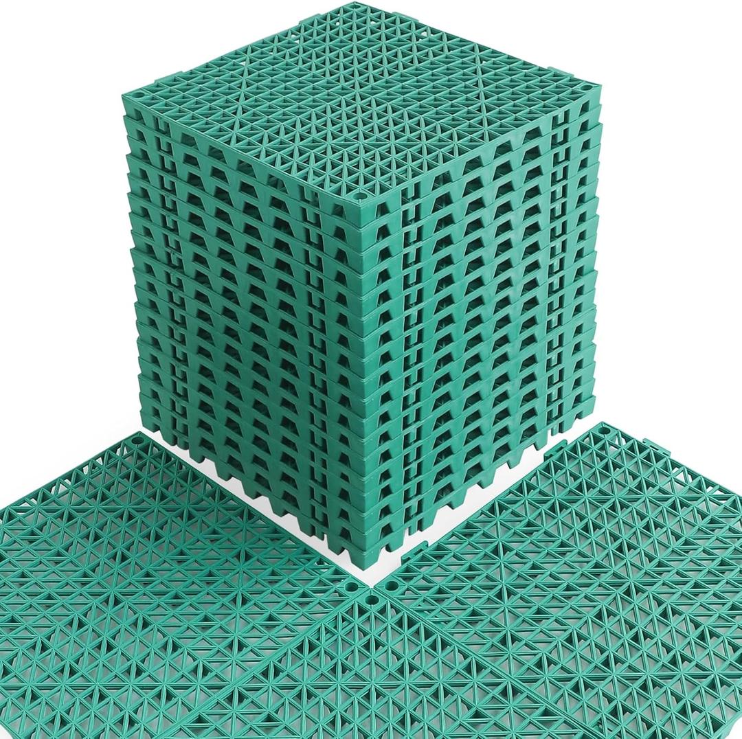 MAXWAVE 18 Pack 12" x 12" Modular Interlocking Floor Mats, Soft PVC Non-Slip Drainage Tiles, Splicing Rubber Cushion Flooring for Deck, Shower, Pool, Basement, Shed, Indoor and Outdoor Use (Green)