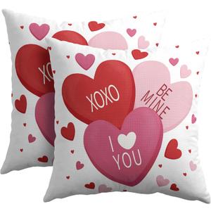 Valentines Day Pillow Covers 18x18 Set of 2 White Pink Heart Throw Pillow Covers Love Pillowcase Linen Decoration Farmhouse Holiday Cozy Soft Cushion Case Couch for Indoor Outdoor Home Decor