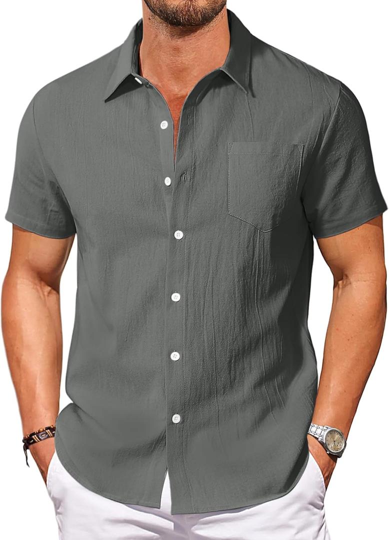 Vssjavun Mens Short Sleeve Button Down Shirts Casual Cotton Shirt Summer Beach Shirts (Blue, M)