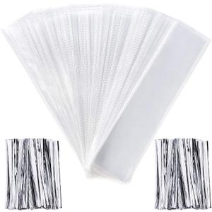 Pangda 200 Pcs Pretzel Bags 2 x 10 Inches Clear Pretzel Individual Rod Cellophane Rectangle Plastic Treat Bags for Chocolate Candies Cookies with 200 Pieces Twist Ties(Silver Ties)