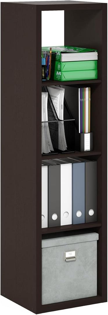 Furinno Cubicle Book Shelf, 4-Cube Vertical Thick Frame Bookshelf, Horizontally Reversible Bookcase with Open Back, 14.6" x 15.9" x 58", for Living Room, Bedroom, Home Office, Black Dark Oak