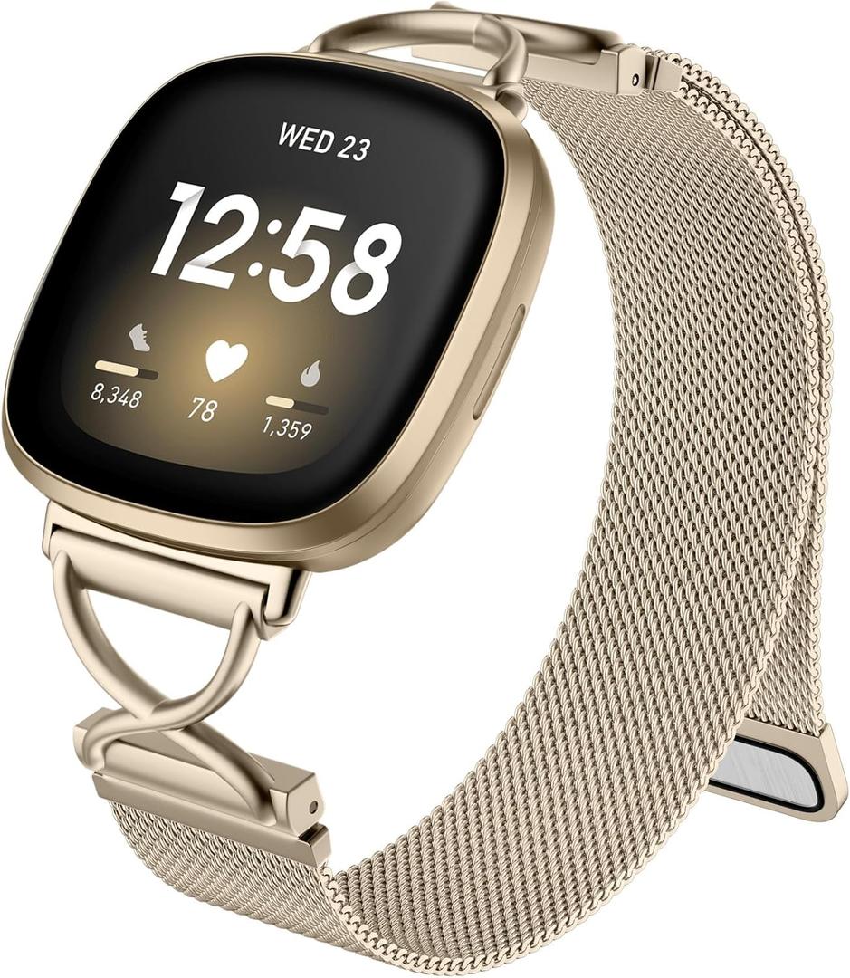 JKD X-Shape Metal Band Compatible with Fitbit Versa 4/Sense 2/Versa 3/Sense Bands Women Men, Stainless Steel Soft Mesh Loop Strap Replacement for Fitbit Sense 2/Versa 3/Sense/Versa 4 Smartwatch (Champagne Gold)