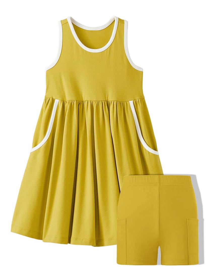Kids4ever Girl Dress with Shorts Midi Sleeveless Colorblock Pockets Dresses for Girls Crewneck Summer A Line Loose Basic Sundress Beach Casual Yellow 11-12 Years (Yellow)