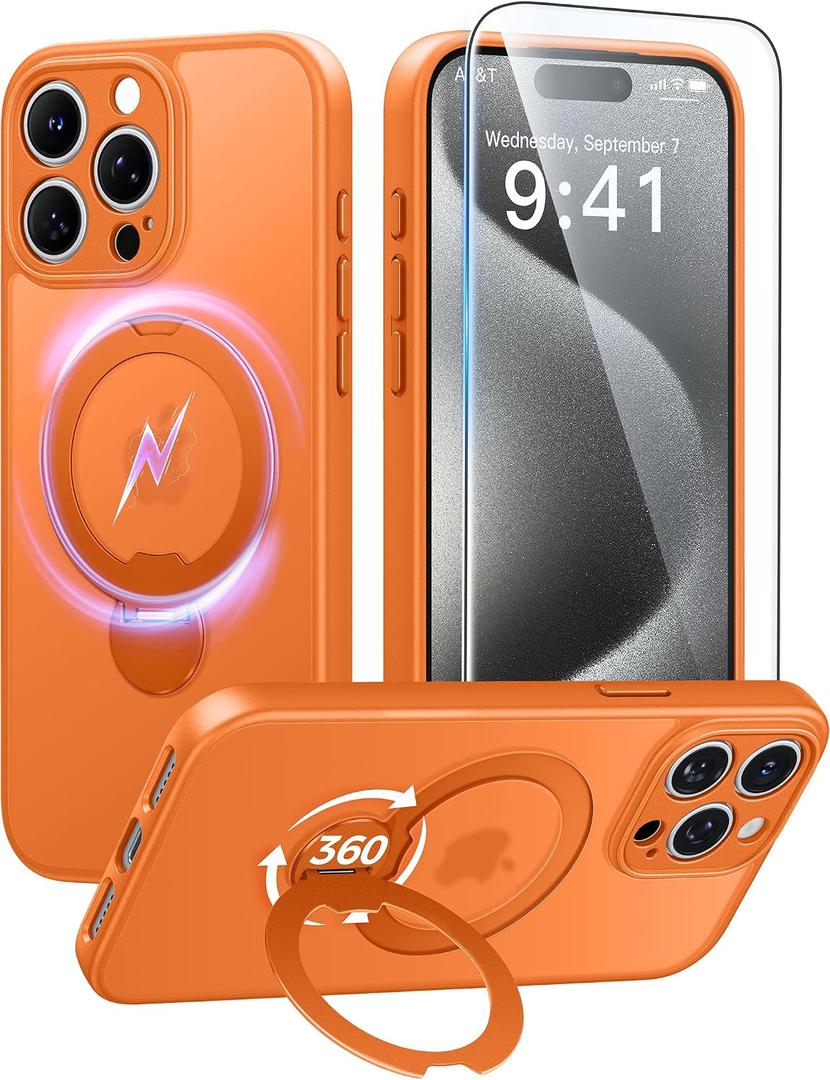 FNTCASE for iPhone 15 Pro-Max Case: [360 Spin Magnetic Stand] [Compatible with Magsafe] [Screen Protector] Translucent Matte Military Grade Shockproof Full Camera Protective Phone Cover - Orange