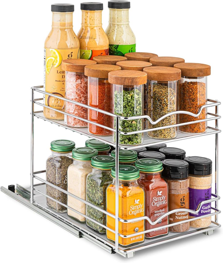 Pull Out Cabinet Organizer for Spices, Cans - Heavy Duty with Pull Out Spice Rack- Cabinet Pull Out Shelf for Cans,Dishes, Etc, 8-1/2"W x10-3/8"Dx8-7/8"H, Chrome