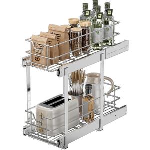 EZKAZA Pull Out Cabinet Organizer for Kitchen Utensil 9.5" W x 21" D, 2-Tier Cabinet Pullout Shelves and Drawer Organizer Slide Out Pantry Storage Basket, Bottom Basket 8.2" W x 20.4" D x 4.7" H