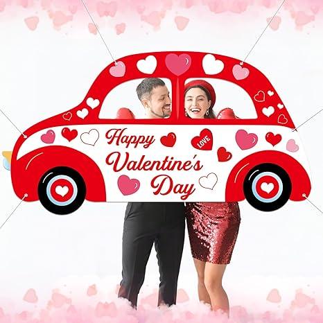 Happy Valentine's Day Photo Prop Selfie Frame Car Shaped Romantic Red Valentines Decor Large Fabric Cute Car Love Heart Backdrop Valentine Photo Booth Frame for Wedding Party Holiday Decor 71x39inch