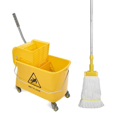 Midoneat Mop Bucket with Wringer, 22 Qt (5.5 Gallon), Handle, Wheels,Floor Cleaning, 16.5" L x 10.6" W x 26.4" H, Yellow,Add One Cotton Mop