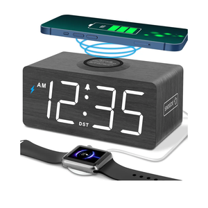 DreamSky Wooden Digital Alarm Clock with Wireless Charging for Bedroom, Bedside Nightstand Clock with Charger Station, USB Port, Large Numbers, Adjustable Volume, Brightness Dimmer, DST