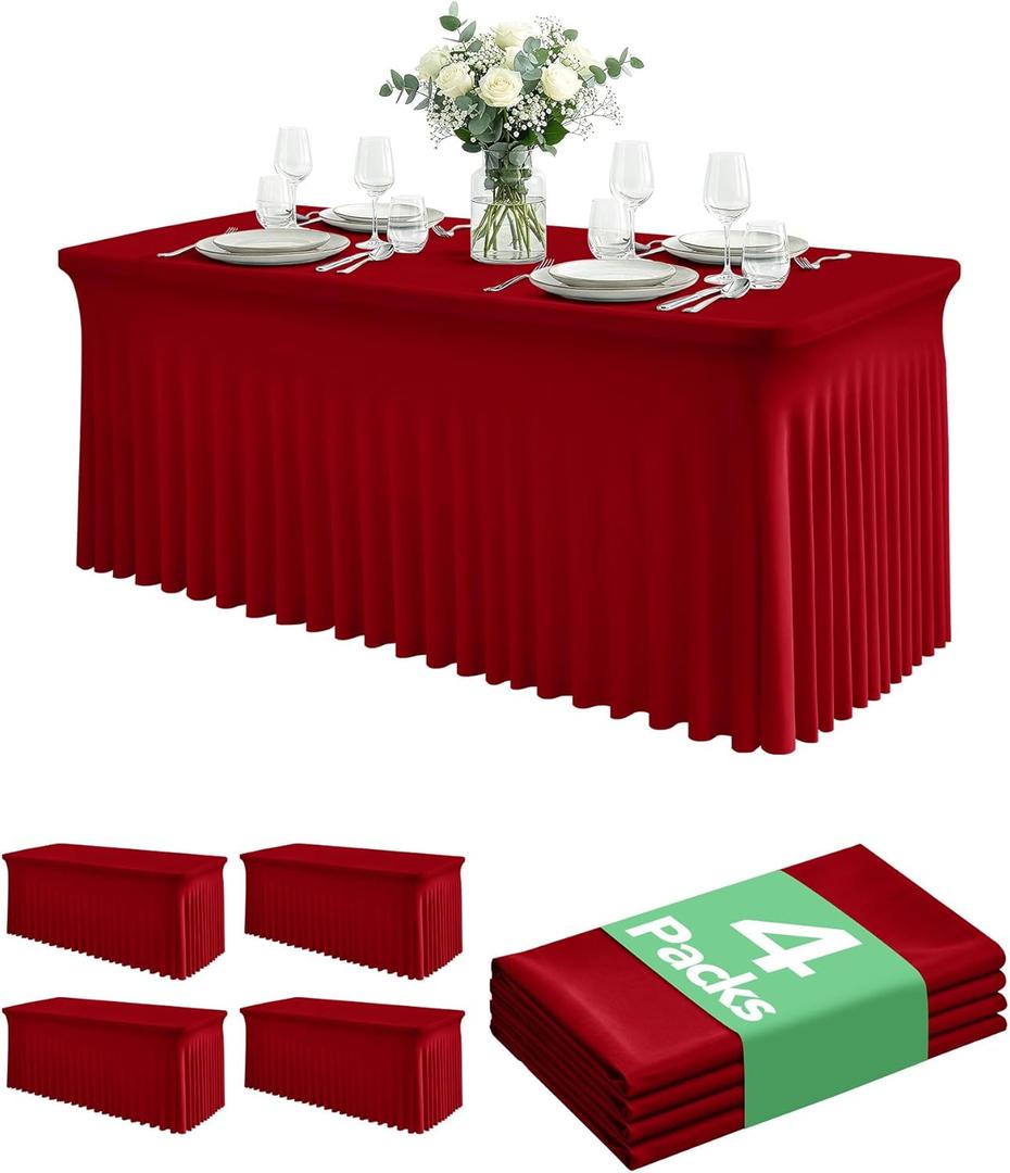 4 Pack Spandex Table Cover Skirts for 6ft Rectangle Tables, Red Stretch Table Cloths with Floor-Length Ruffle, Elastic Fitted Skirted Tablecloth for Elegant Wedding Banquet Party Buffet Decoration