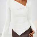 ZESICA Women's Long Bell Sleeve Shirts 2026 Fall Going Out Asymmetrical Crop Tops Slim Fit Ribbed Ruched Y2K Clothes (White, L)