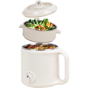 Electric Hot Pot with Steamer: 2.0L Ramen Cooker, Multifunctional Stainless Steel Electric Pot, Portable, Dual Power Adjustment for Dorm, Office, Travel (01white)