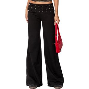 Women Y2K Fold Over Pants Rivet Foldover Wide Leg Yoga Flare Leggings Stretchy Low Waist Roll Over Bell Bottoms (Black, L)