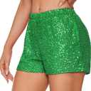 Zando Elastic High Waist Sequins Shorts for Women Solid Glitter Straight Leg Hot Bottom for New Year Disco Party Club Concert (Medium, Green)