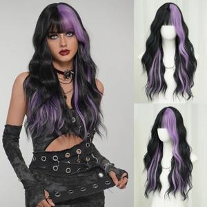 7JHH WIGS Long Wavy Purple Black Highlight Wig 27in Natural Heat Resistant Fiber Synthetic Curly Black Purple Highlight Ombre Wigs with Bangs for Women Girls Daily Party Chrismas Travel Used
