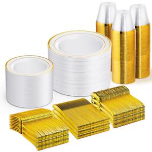 WELLIFE 600 PCS Gold Disposable Dinnerware Set for 100 Guests, Gold and White Plastic Plates for Party, 100 Each-Dinner & Salad Plates, Cups, Forks Knives Spoons for Wedding and Party