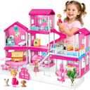 Toylink Pink Doll House for Girls, 3-Story Villa Playset with Light, 3 Dolls, Pool & Slide, Dollhouse Furniture and Accessories, Pretend Play Toddler Toys Birthday Gifts for Kids 3 4 5 6 7 8, 1:12