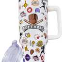 40 oz Softball Tumbler with Handle and Straw, Stainless Steel Insulated Cup, Reusable Coffee Mug with Leak Proof Lid, Softball Gifts (white yellow)