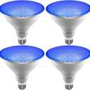 Familite Blue Dusk to Dawn PAR38 LED Flood Light Bulbs with Auto On/Off Light Sensor for Porch Security or Landscape Lighting, Halloween, Christmas, Party, 30W = 100W, IP65 Waterproof, Pack of 4