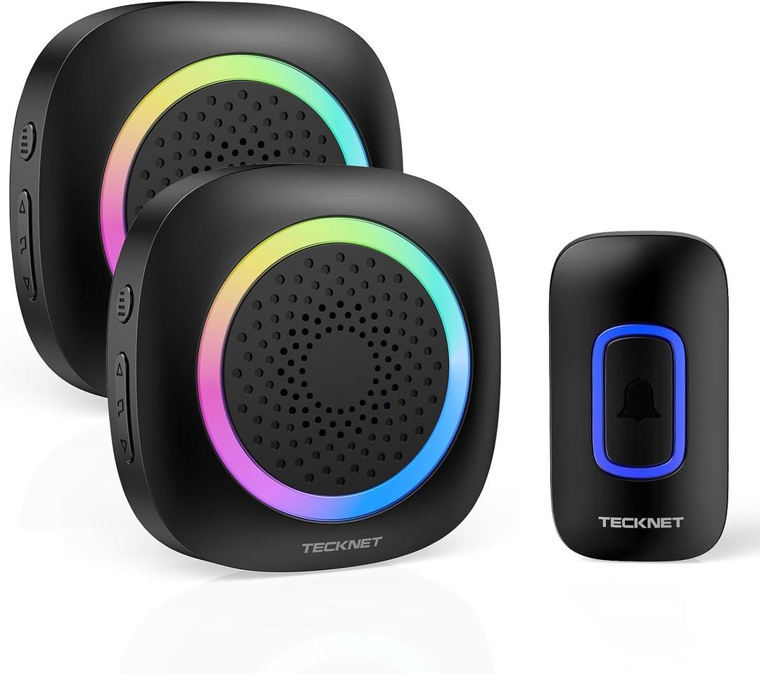 TECKNET Wireless Doorbell with 2 Portable Receivers, Battery Powered Doorbell with RGB Light, IP66 Waterproof Door Chime Kit, 1300ft Wireless Range, 0-110dB & 60 Chimes, 36-Month Long Battery Life