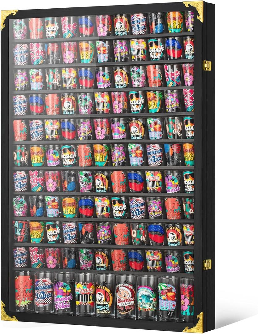 144 Shot Glasses Display Case Spuer Large Capacity Shot Glass Holder with HD Acrylic Front 98% UV Protection Solid Wooden Wall Mounted Cabinet for Collection