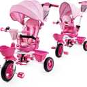 JMMD Baby Trike, 6-in-1 Kids Tricycle with Adjustable Push Handle, Removable Canopy, Safety Harness for 18 Months - 5 Year Old, Pink