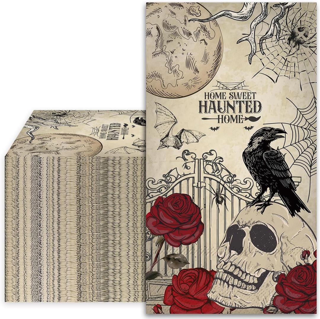Halloween Guest Napkins Skull Crow Rose 3 Ply Disposable Paper Napkins Vintage Gothic Dinner Guest Hand Towel Napkins for Party Table Decor, 50Pcs