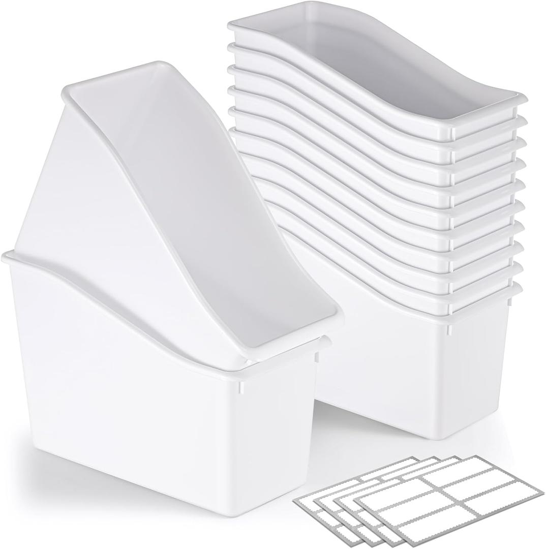 Geetery 24 Pcs Book Bin for Classroom with Labels Stackable Plastic Organizing Bins 11.5 x 5.4 x 7.5 in Book Holders Storage Bins Box Baskets for Classroom Library Home (White)
