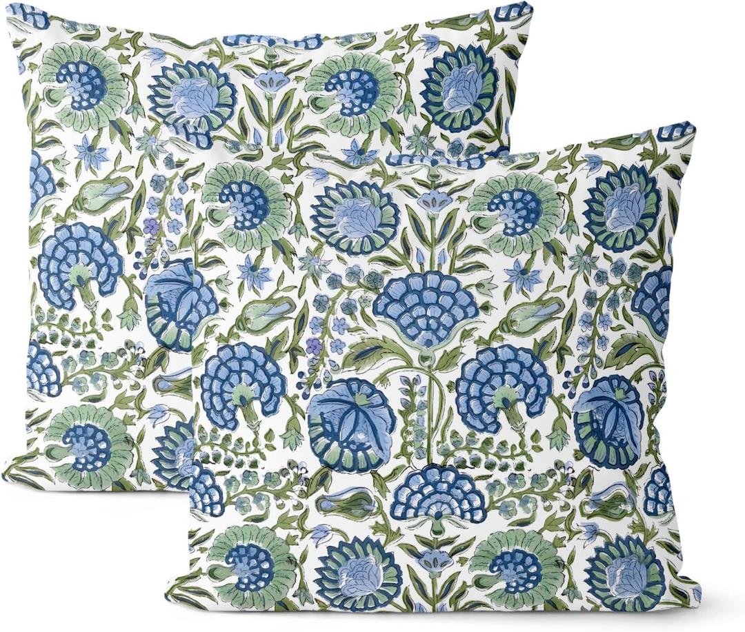 Boho Navy Blue Pillow Covers 18x18 Inch 2 Pcs Sage Green Vintage Floral Decor Throw Pillows Spring Flower Summer Outdoor Farmhouse Decoration Pillowcase Cushion Cover for Couch Sofa Bed