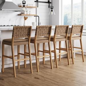 Nathan James Cohen Mid-Century Modern 29 in. Wood Bar Stool, Upholstered Faux Leather Bar Height Stool with Solid Wood Frame, Natural Brown, Set of 4