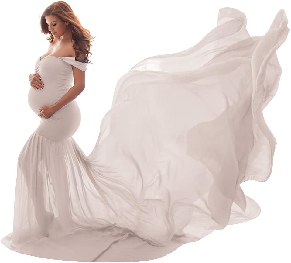 Women Maternity Dress for Photography Mermaid Off Shoulder Slim Fitted Chiffon Gown Flowy Baby Shower Maxi Photo Props Dress, One Size