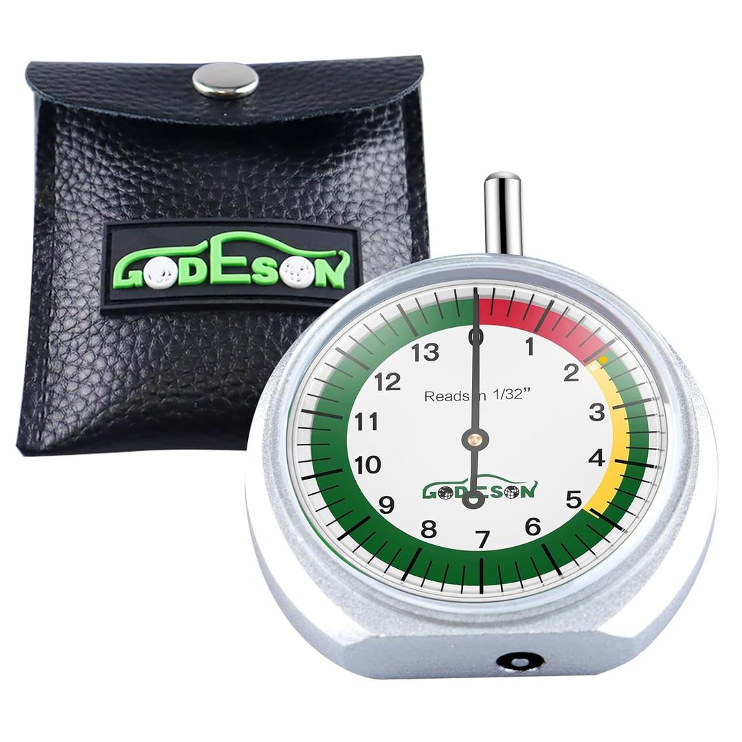 GODESON Tire Tread Depth Gauge,Dial Type Tire Depth Gauge in 32nds,Color-Coded and Easy Reading Tread Depth Gauge Professional for Motorcycle, Car,Truck and Bus, Silver Powder-Coated Zinc Alloy Casing (1 Pack)